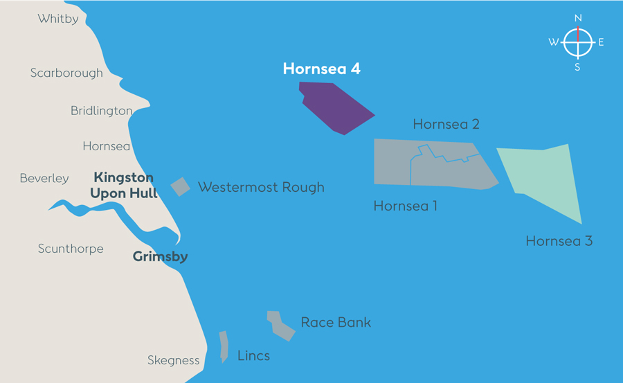 영국 북해 지역에 추진중인 혼시(Hornsea) 프로젝트 위치 지도