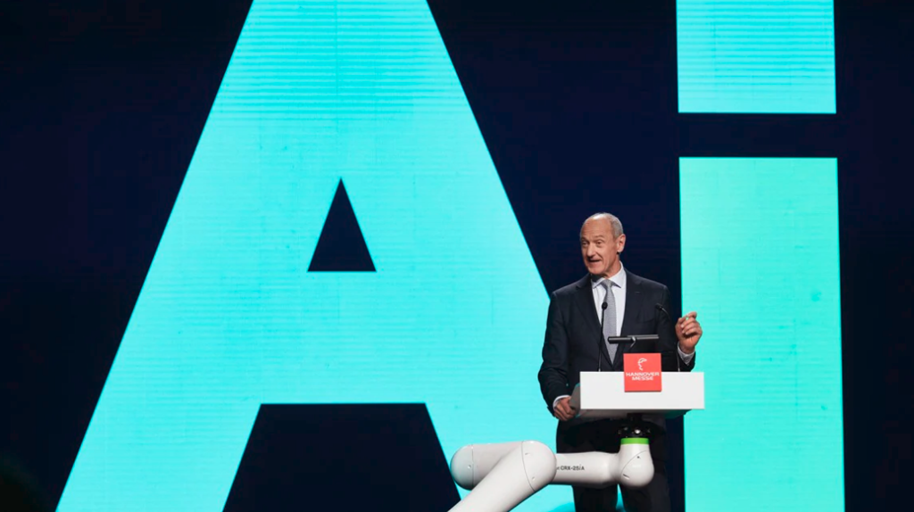 Roland Busch, Siemens AG president and CEO, speaks at the opening ceremony of Hannover Messe 2025 in Hannover, Germany, March 30, 2025.