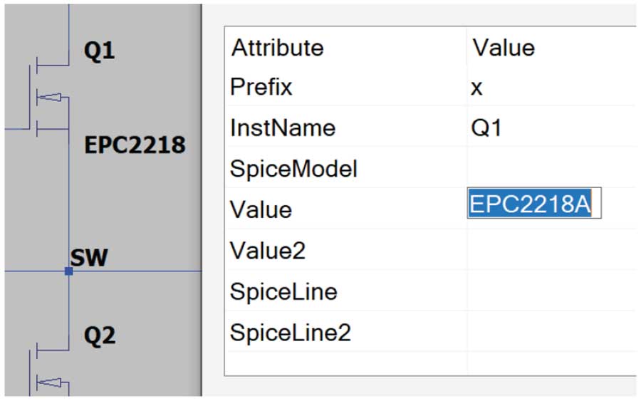 그림 4. 표준 NMOS 디바이스를 컨트롤 키를 누른 상태에서 마우스 오른쪽을 클릭하여 속성 테이블을 열고, 삽입된 서브서킷 모델 텍스트를 사용한다