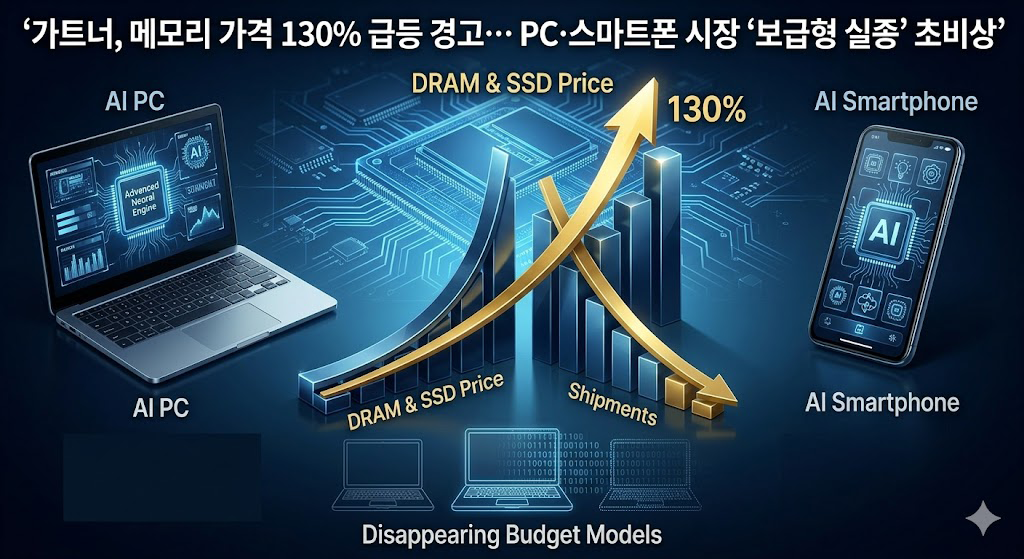 가트너, 메모리 가격 130% 급등 경고… PC·스마트폰 ‘보급형 라인업’ 고사 위기 가트너, 메모리 가격 130% 급등 경고… PC·스마트폰 ‘보급형 라인업’ 고사 위기