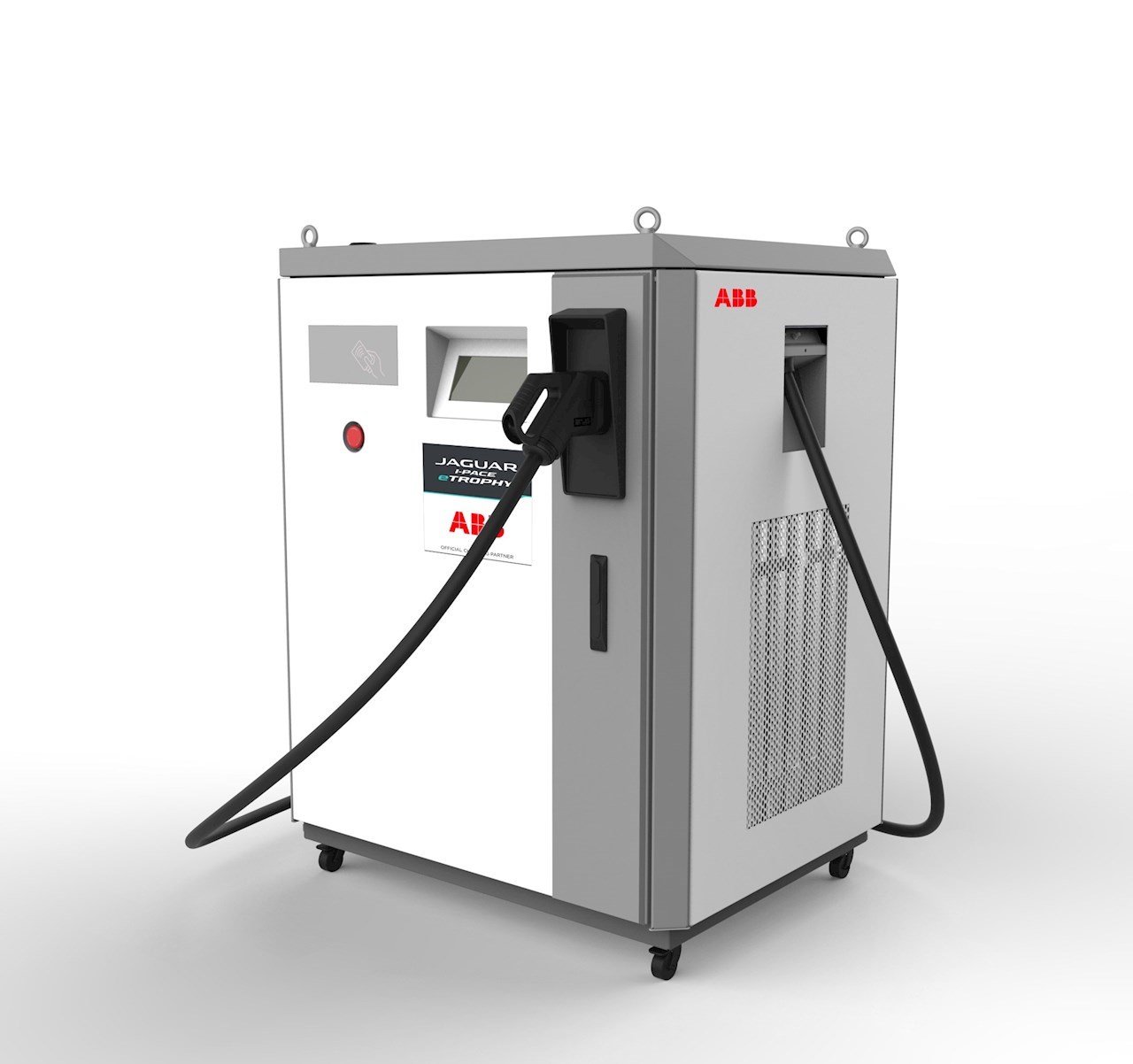 재규어 I-페이스 e트로피 시리즈 레이싱 팀들은 ABB가 맞춤 제작한 테라 DC 급속 충전기를 사용해 전기 차량을 급속 충전할 수 있다.
